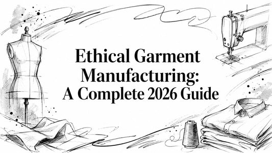 A black-and-white sketch featuring a dress form, sewing machine, and the text: Ethical Garment Manufacturing: A Complete 2026 Guide.