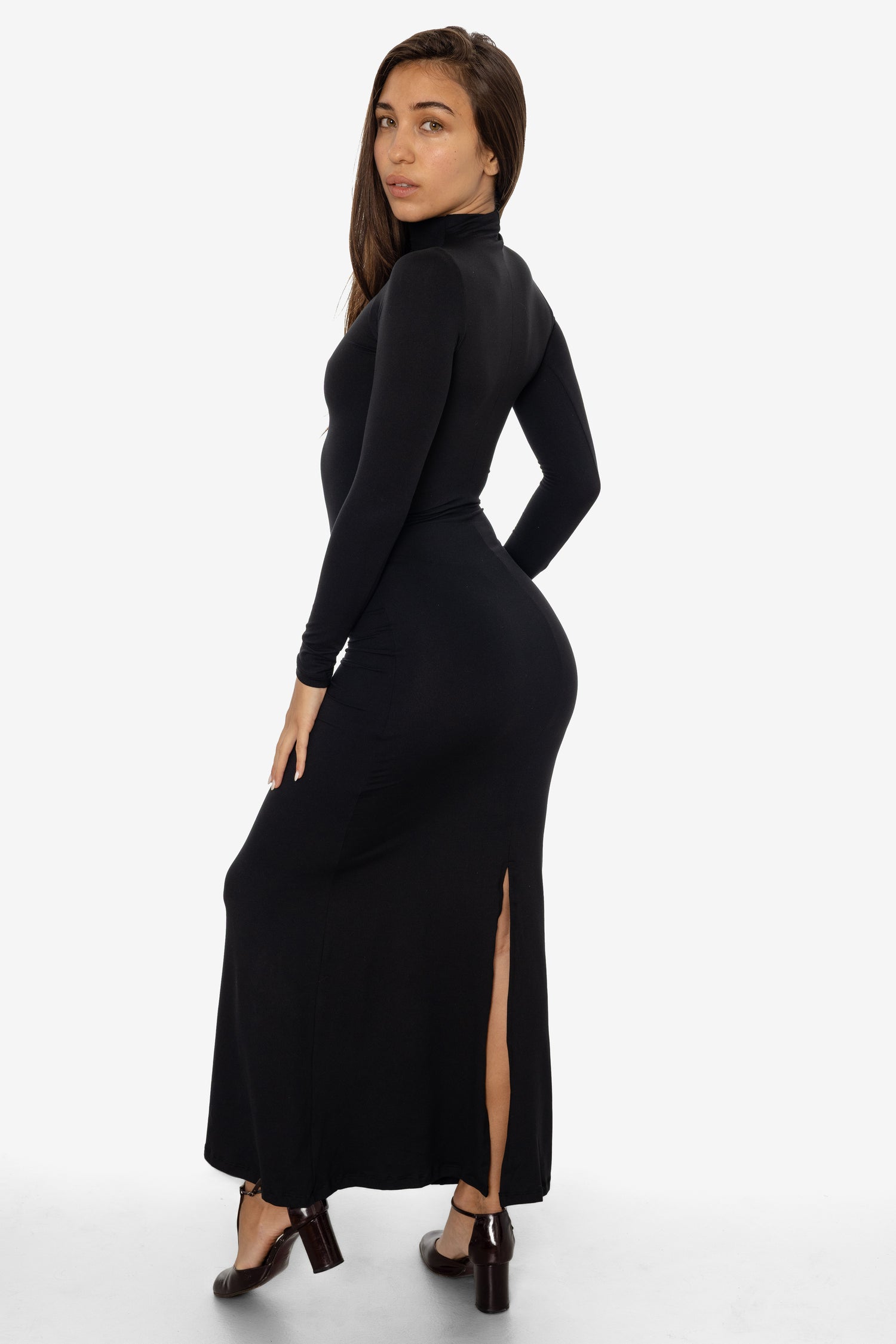 Los Angeles Apparel | UPF40 Performance Jersey Mock Neck Maxi Dress for Women in Black, Size Large Los Angeles Apparel | UPF40 Performance Jersey Mock Neck Maxi Dress for Women in Black, Size Large