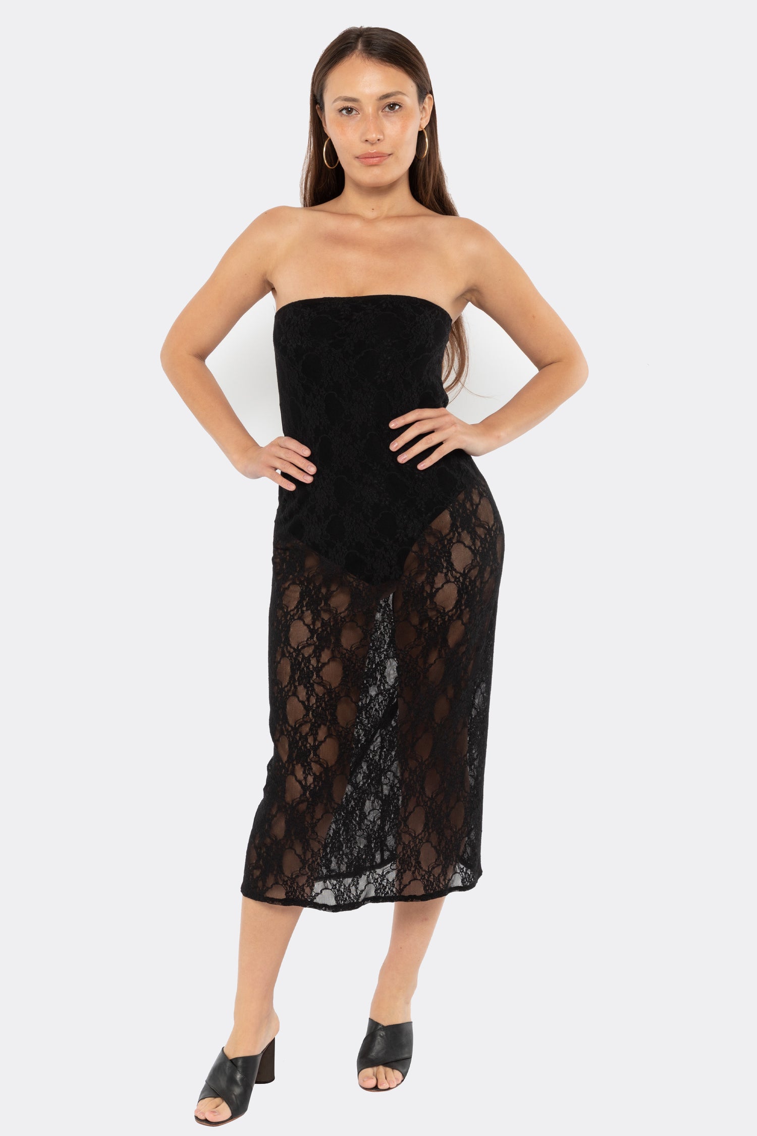 FNS800 - Floral Lace Midi Tube Dress, Black / L FNS800 - Floral Lace Midi Tube Dress, Black / L