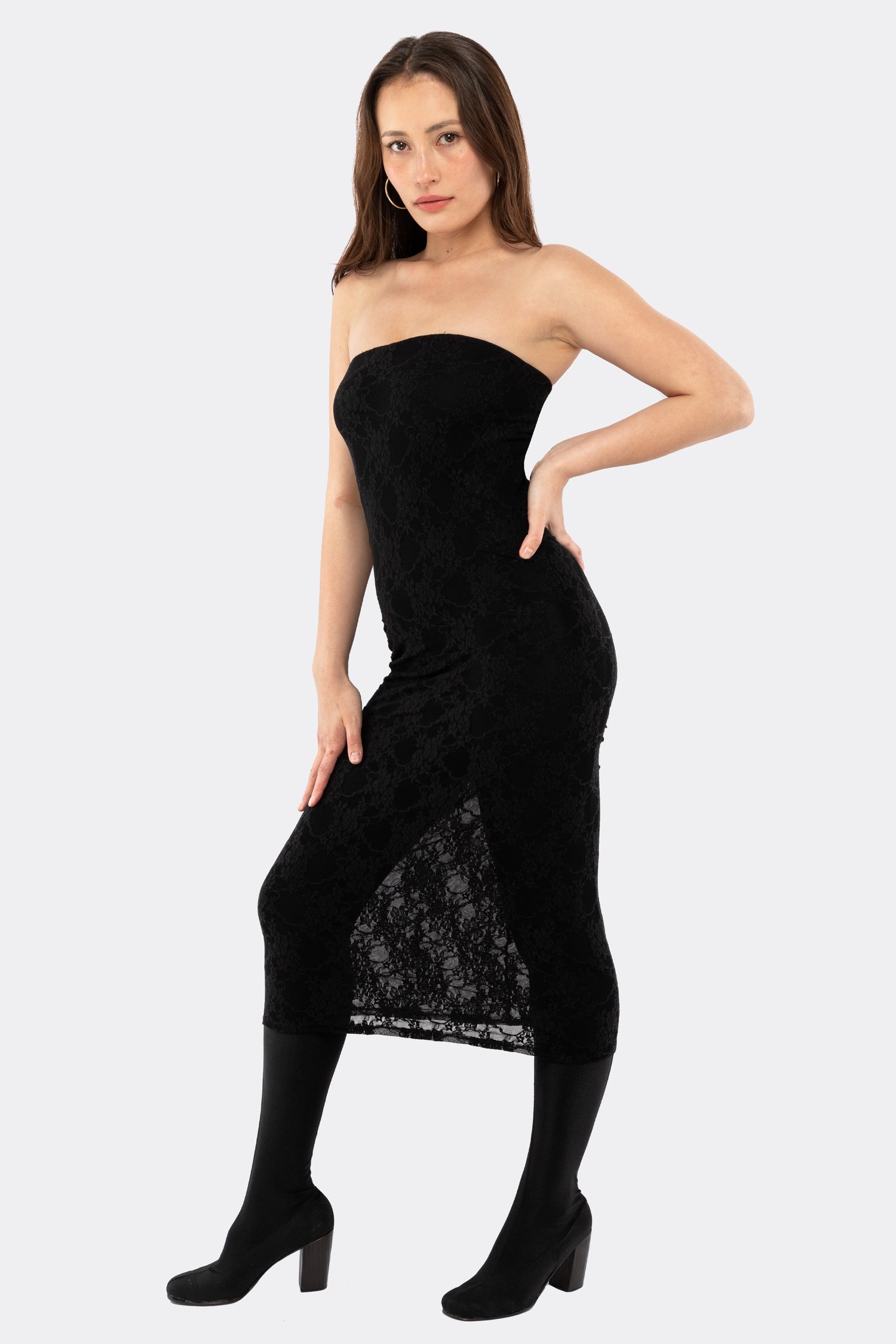 FNS800 - Floral Lace Midi Tube Dress, Black / L FNS800 - Floral Lace Midi Tube Dress, Black / L