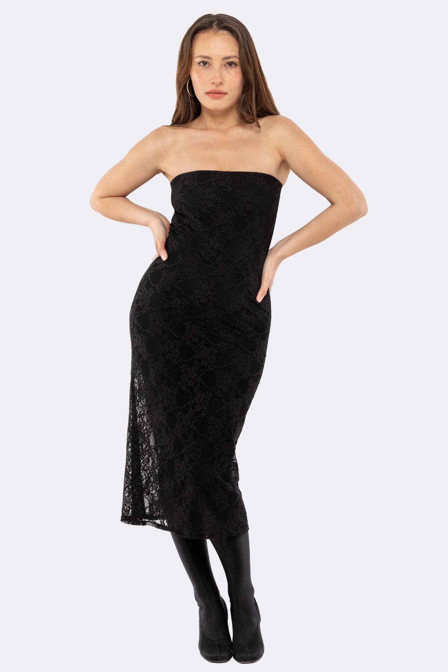 FNS800 - Floral Lace Midi Tube Dress, Black / L FNS800 - Floral Lace Midi Tube Dress, Black / L