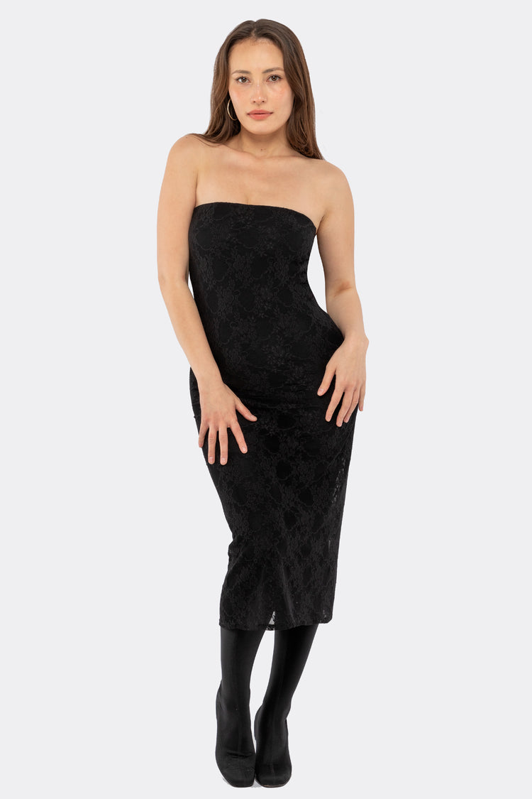FNS800 - Floral Lace Midi Tube Dress, Black / L FNS800 - Floral Lace Midi Tube Dress, Black / L
