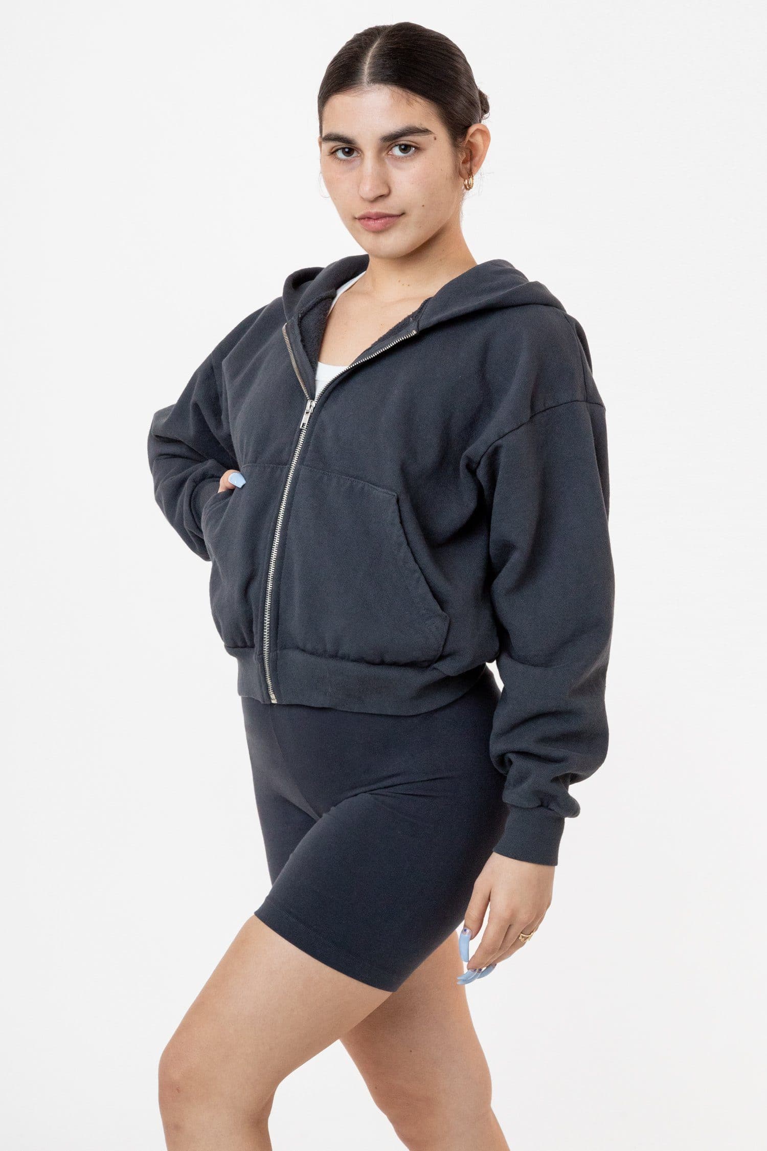Los Angeles Apparel | Heavy Fleece Cropped Zip-Up Hoodie (Garment Dye) for Women in Navy, Size S/M