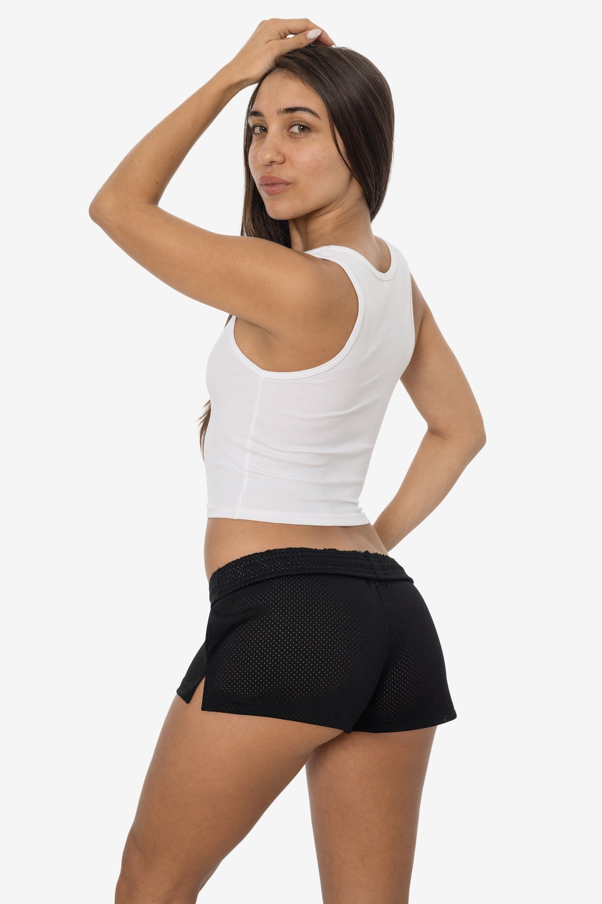 Model wearing black Pro Mesh Women’s Low Rise Shorts