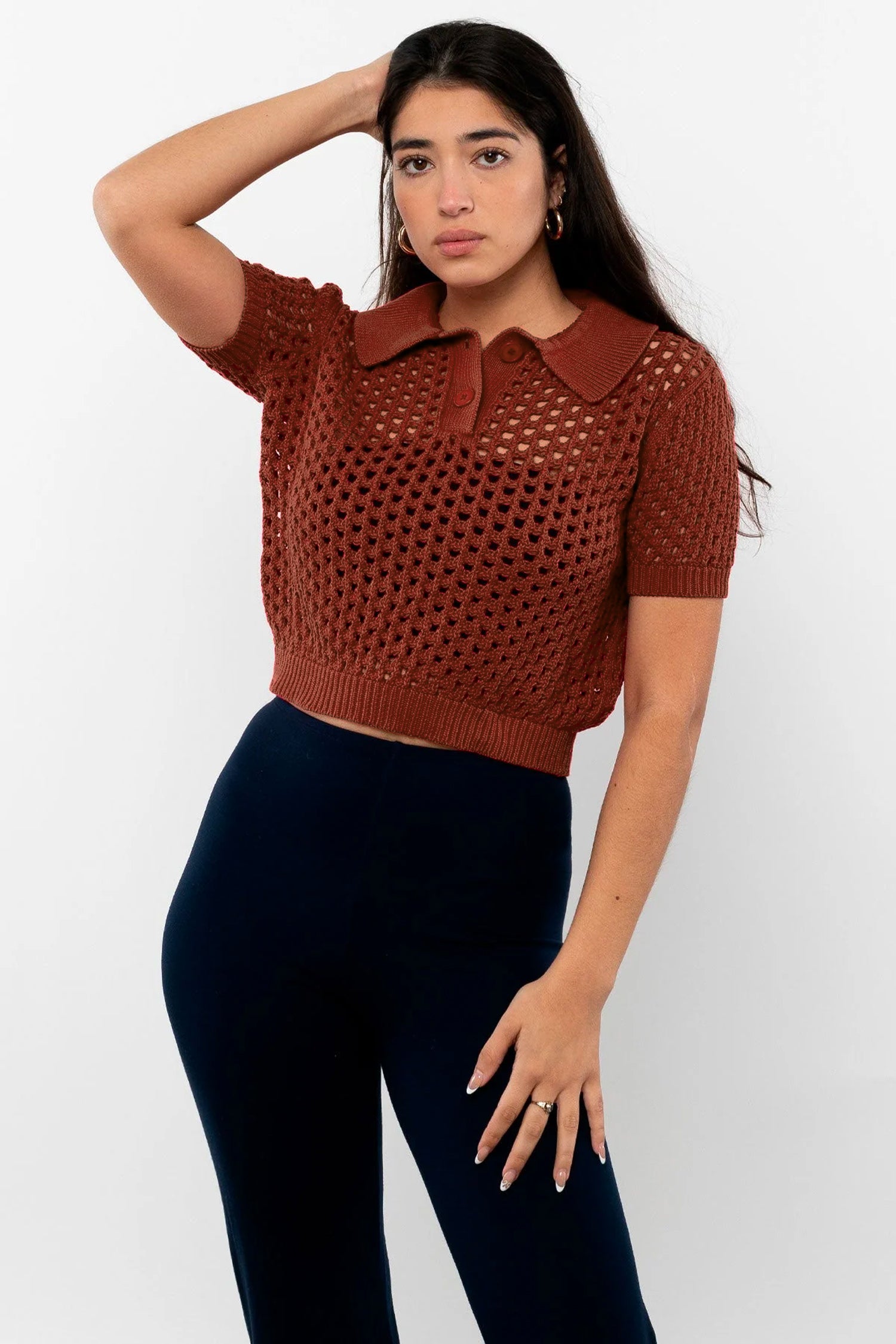 RFK54 Mesh Knit Cropped Polo Sweater