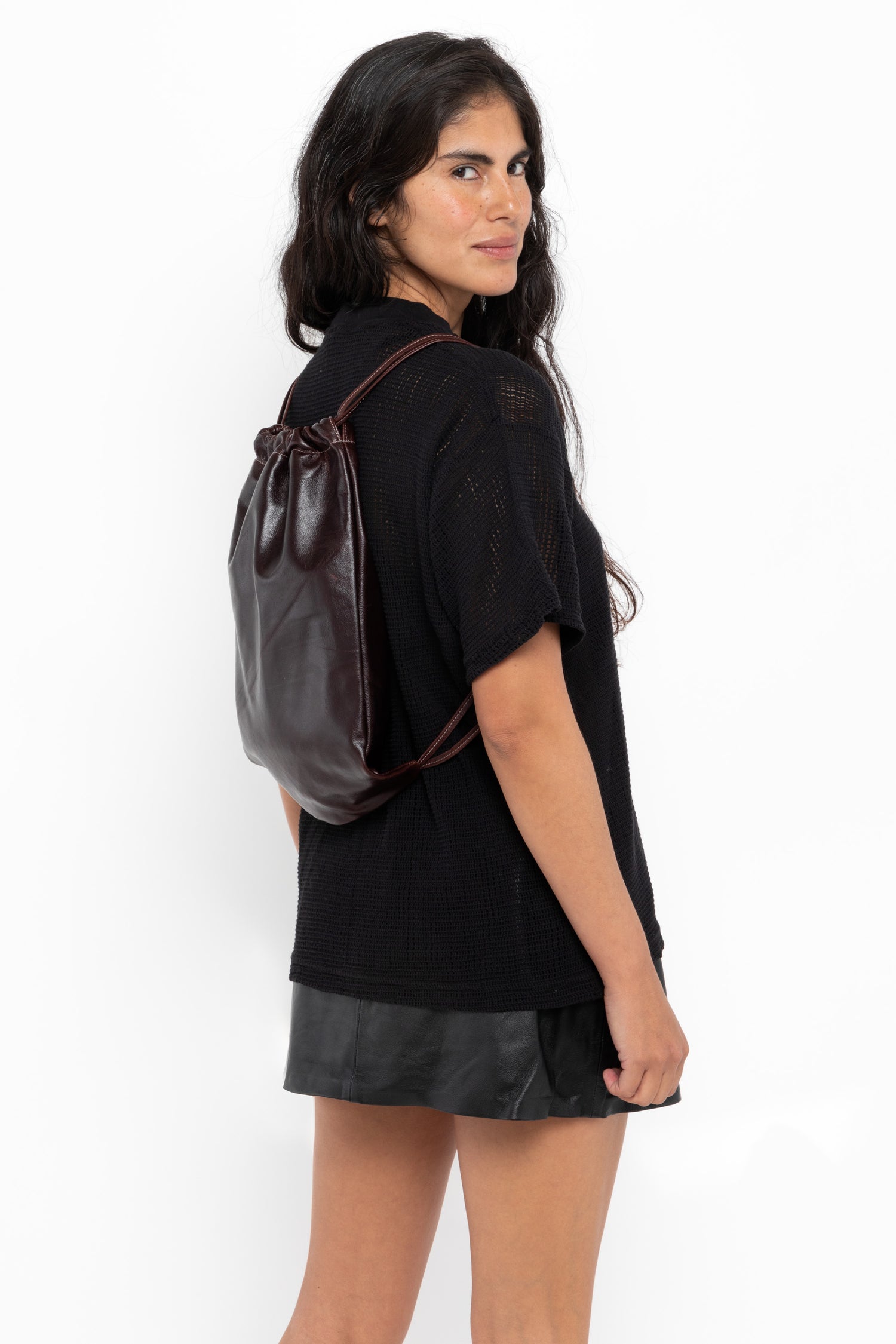 black faux leather drawstring backpack Detroit in ( Made to Order) 25 Adjustable straps 34 Vintage Faux Leather Drawstring Backpack