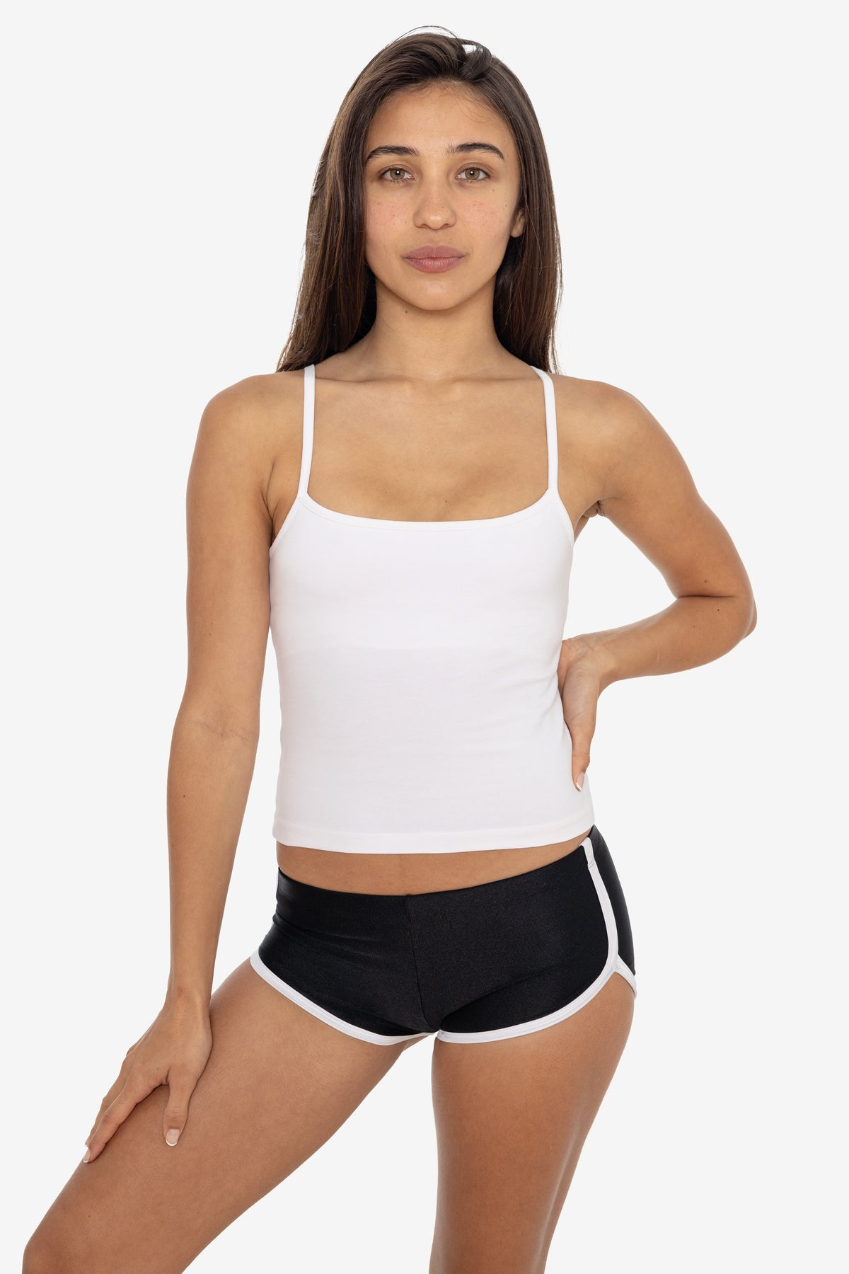 Model wearing black and white Nylon Tricot Micro Running Shorts with a white tank