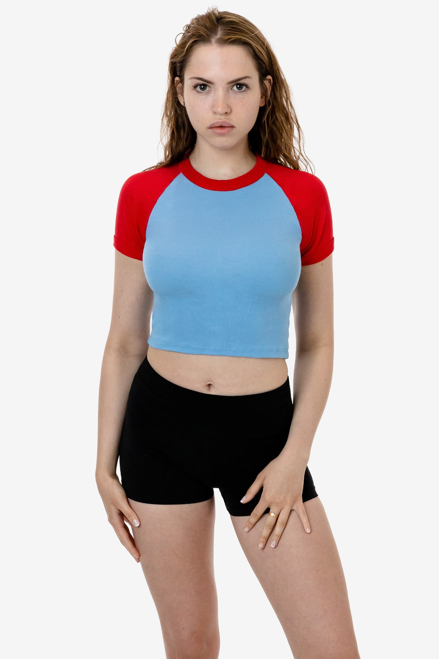 Los Angeles Apparel | Baby Rib Short Sleeve Cropped Raglan for Women in Creme/Brown, Size XS