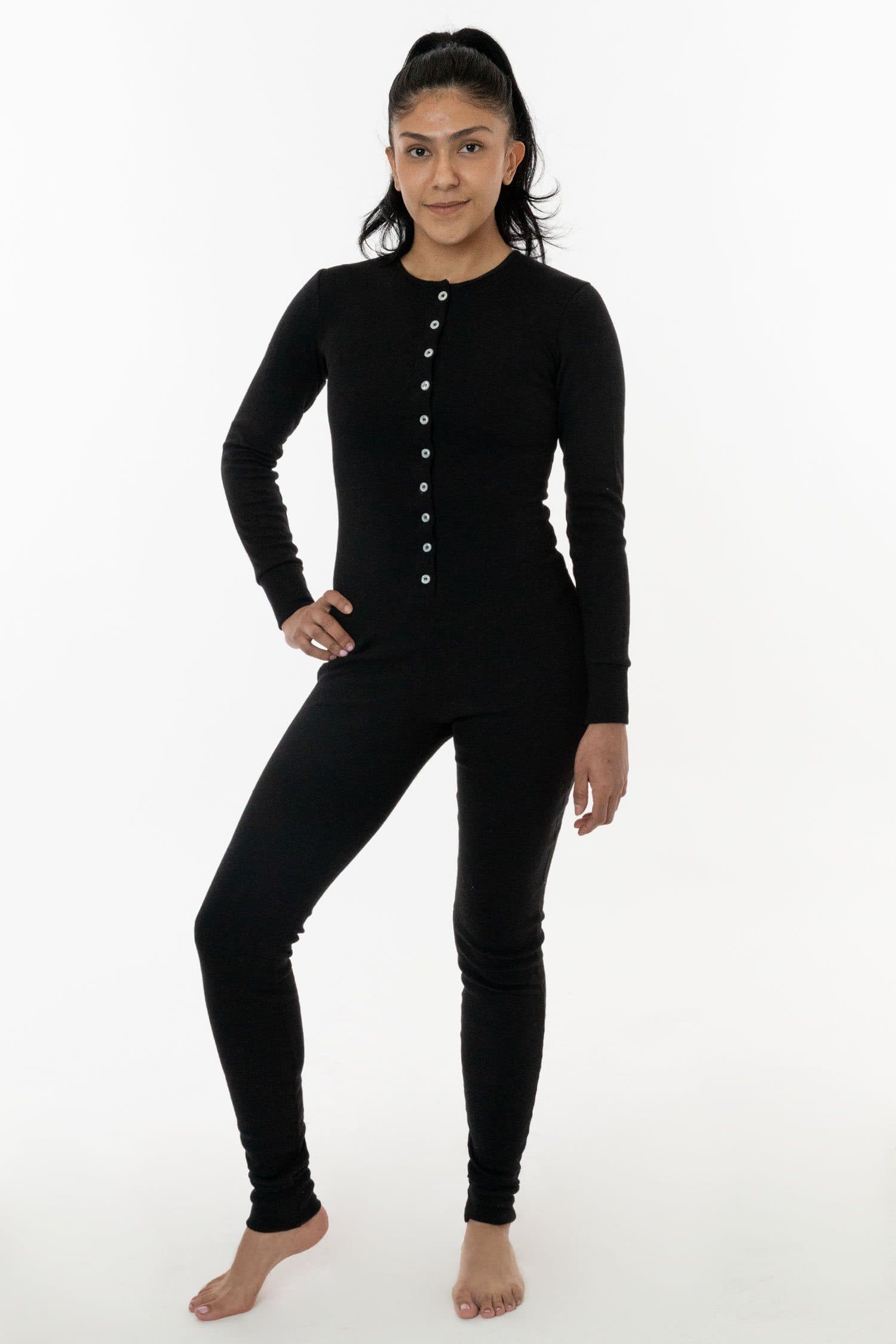 Los Angeles Apparel | Poly Cotton Rib Henley One Piece for Women in Black, Size Xs