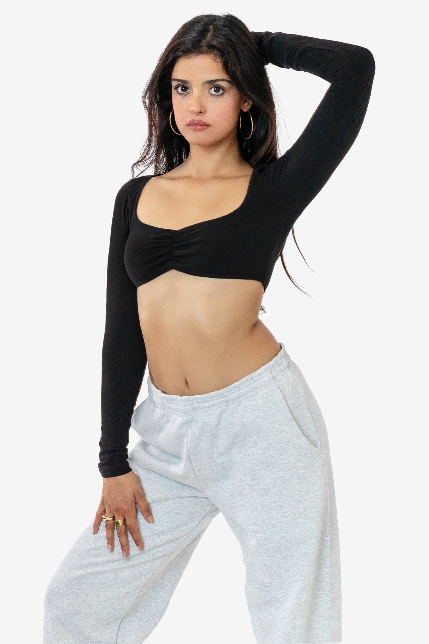 8387GD - Garment Dye Ruched Long Sleeve Micro Crop Top, Black / M 8387GD - Garment Dye Ruched Long Sleeve Micro Crop Top, Black / M