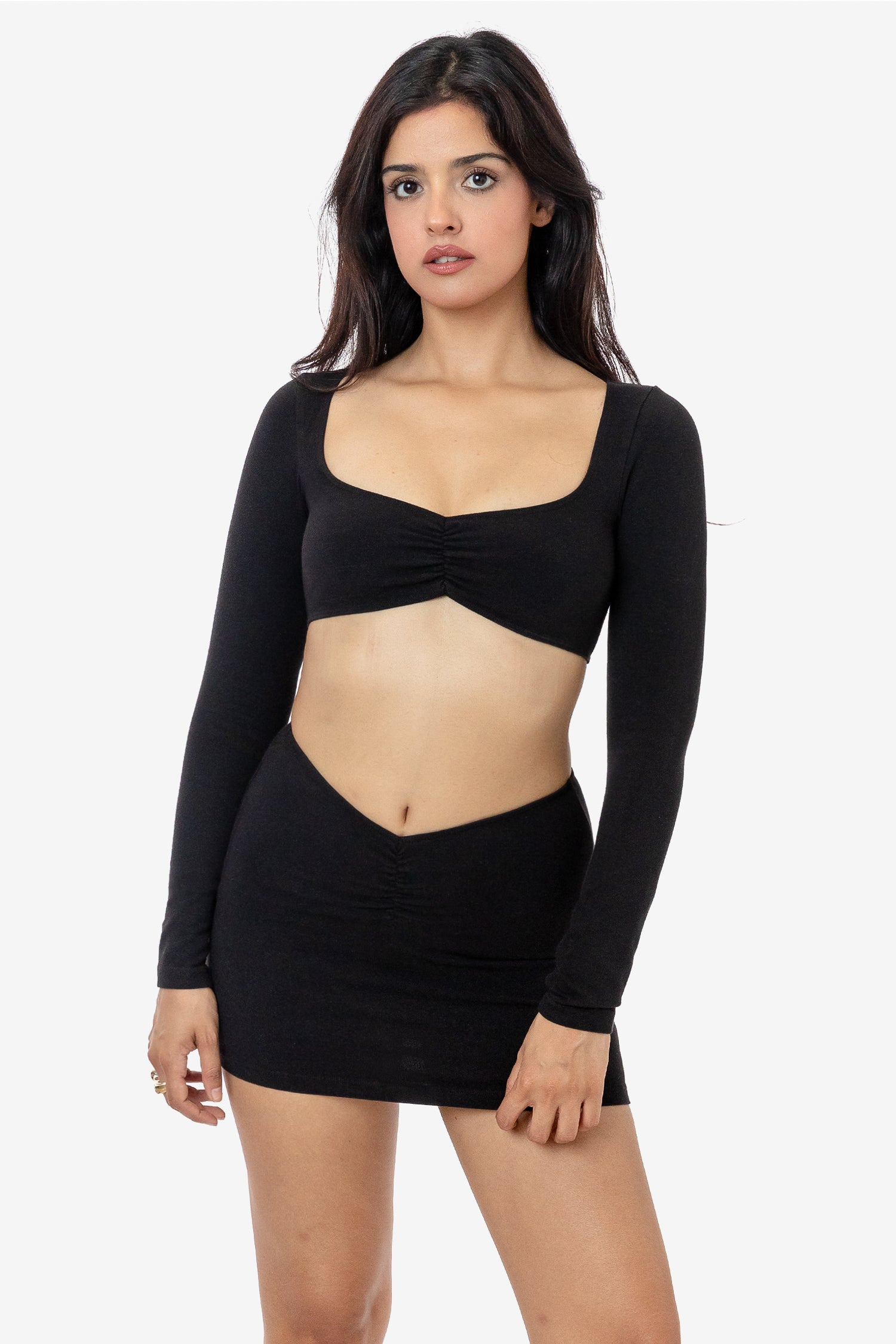 8387GD - Garment Dye Ruched Long Sleeve Micro Crop Top, Black / M 8387GD - Garment Dye Ruched Long Sleeve Micro Crop Top, Black / M