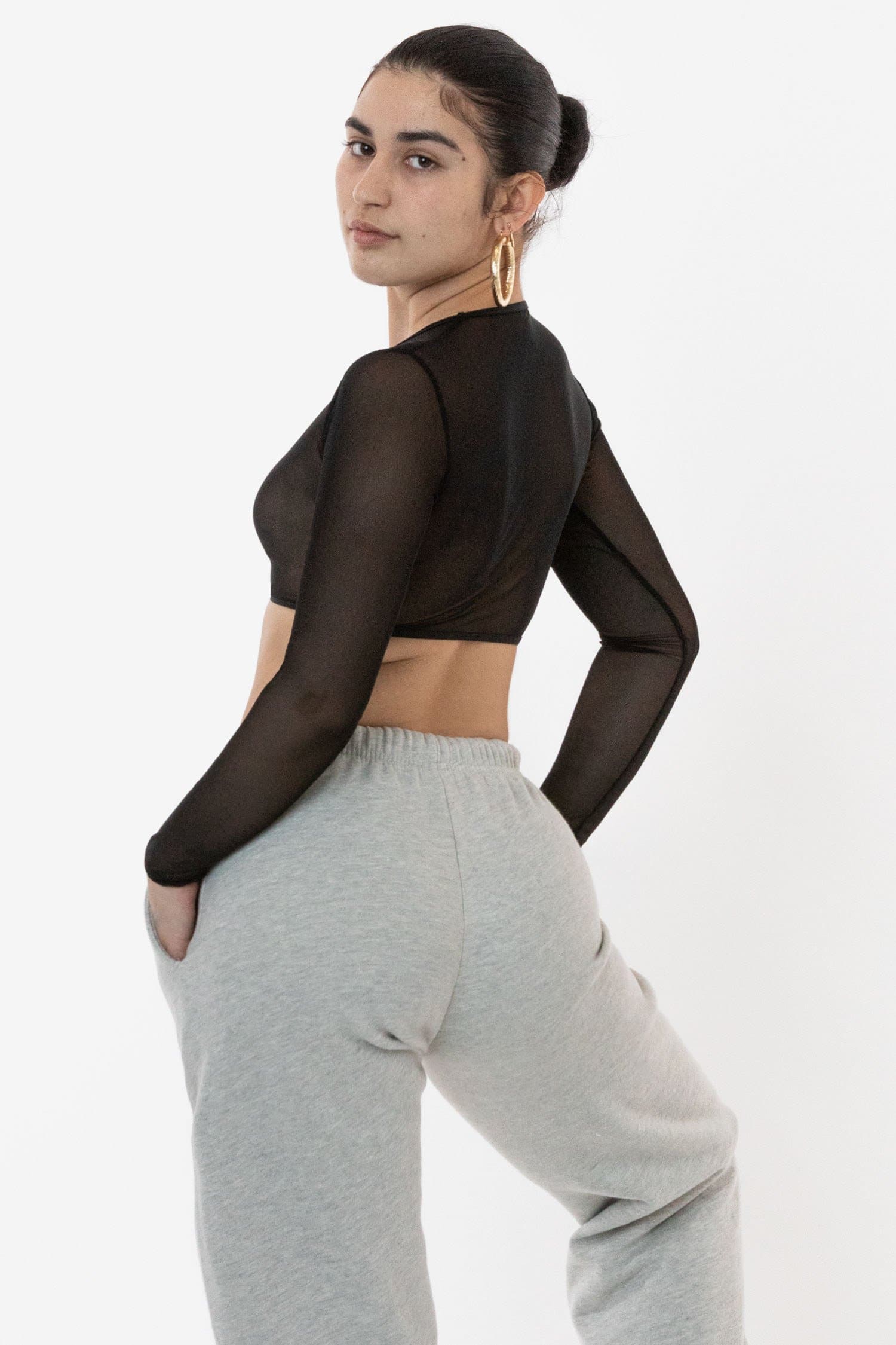 Los Angeles Apparel | Micro Mesh Long Sleeve Crop Top for Women in Black, Size Small