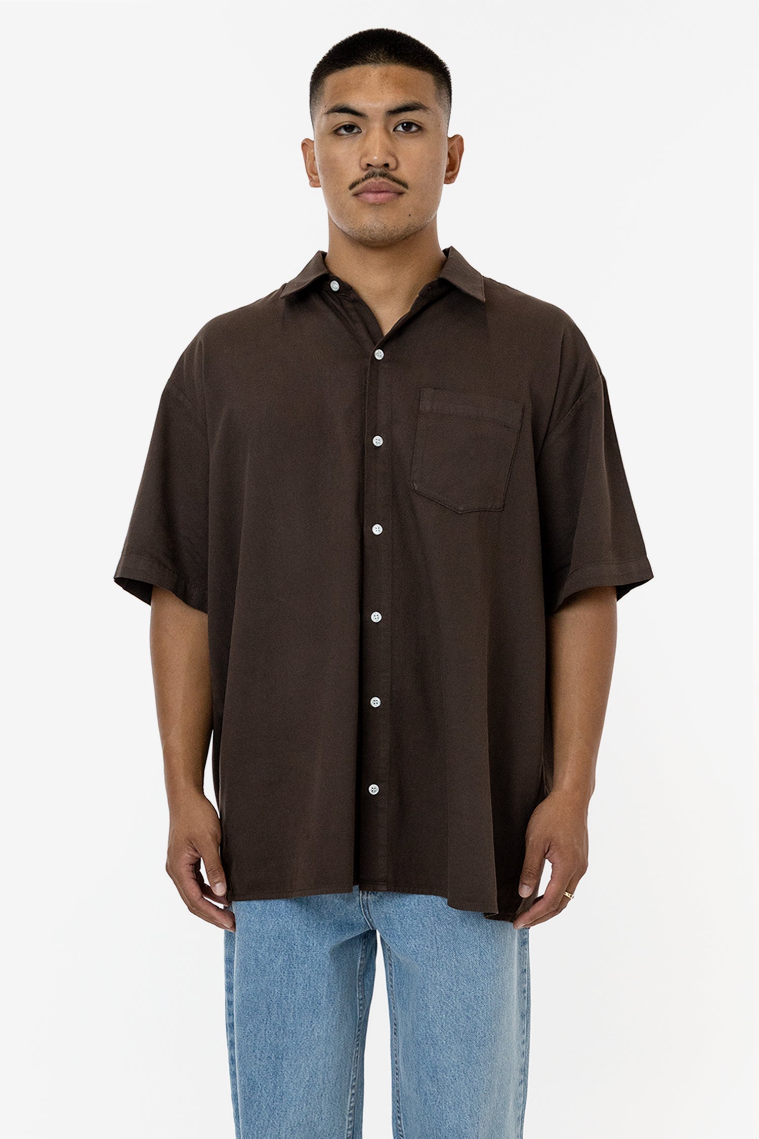 Los Angeles Apparel | Cotton Twill Casual Button Up Shirt in Chocolate, Size Small