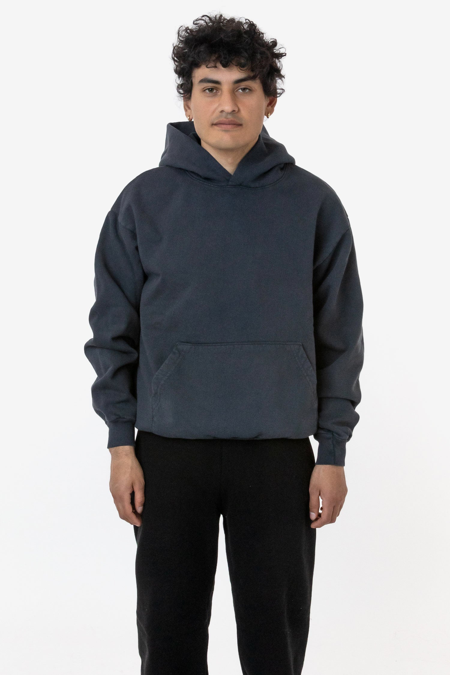 Los Angeles Apparel | Garment Dye Heavy Fleece Hooded Pullover Sweatshirt for Men in Black, Size Large
