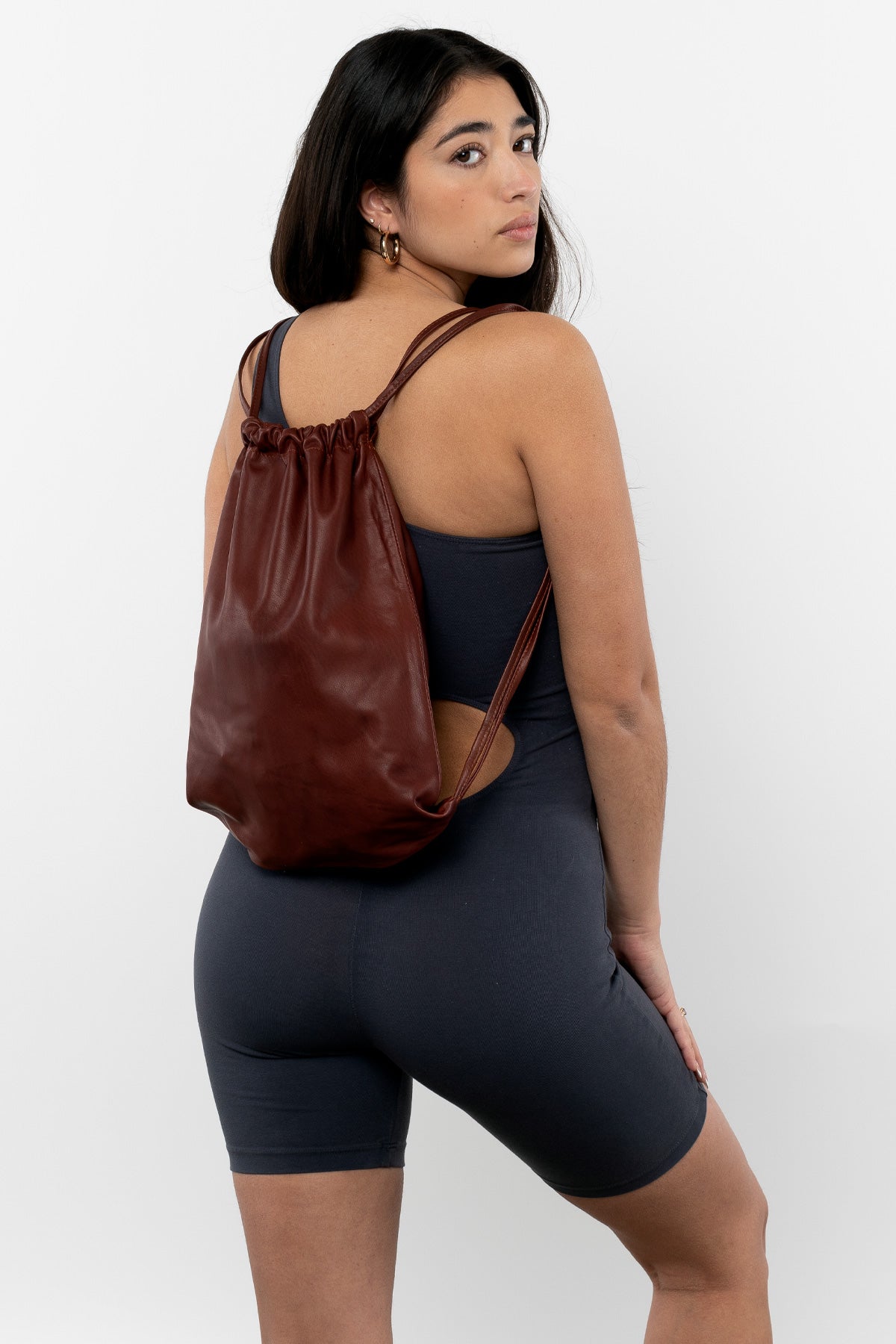 Leather best sale drawstring bag