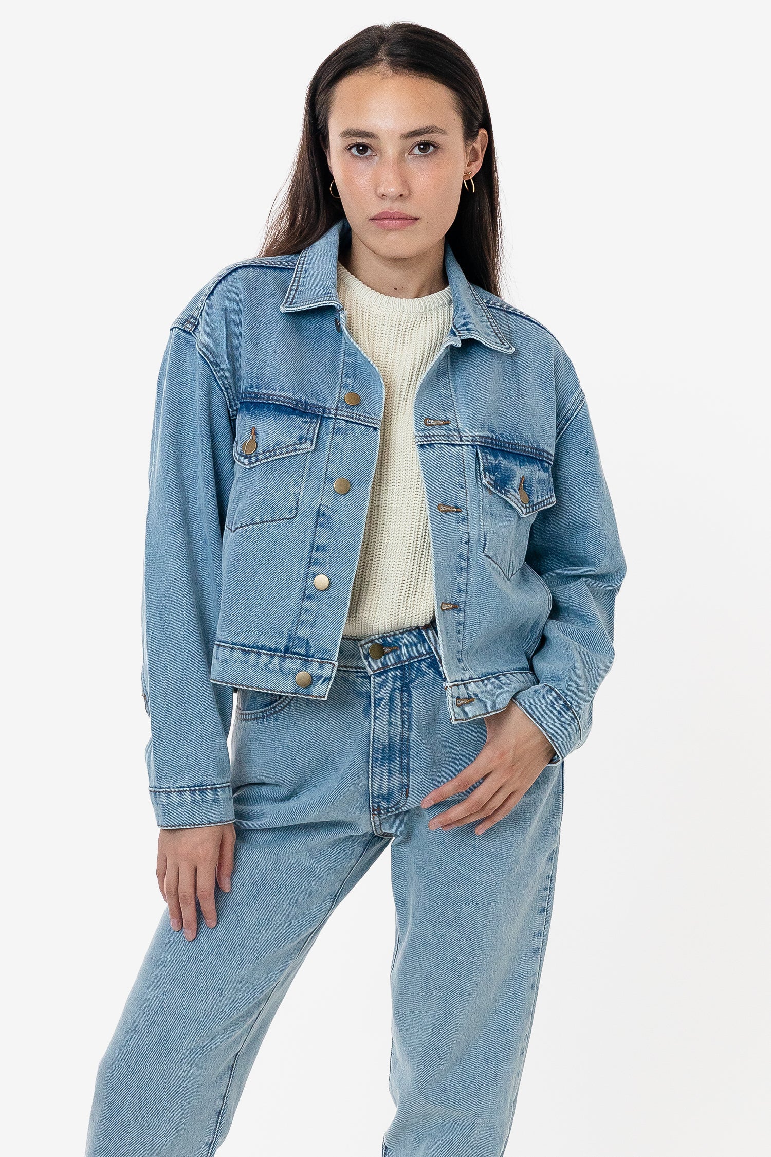 Long Sleeve Cropped Denim Jacket Blue Ripped Button Closure - Temu