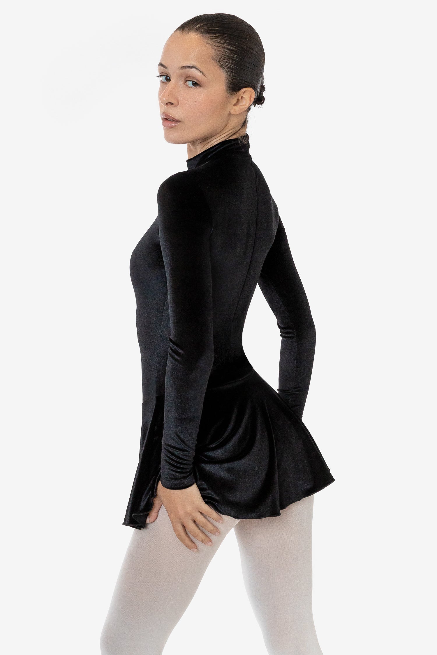 VVT410 - Velvet Long Sleeve Mockneck Skirted Leotard, Black / M VVT410 - Velvet Long Sleeve Mockneck Skirted Leotard, Black / M
