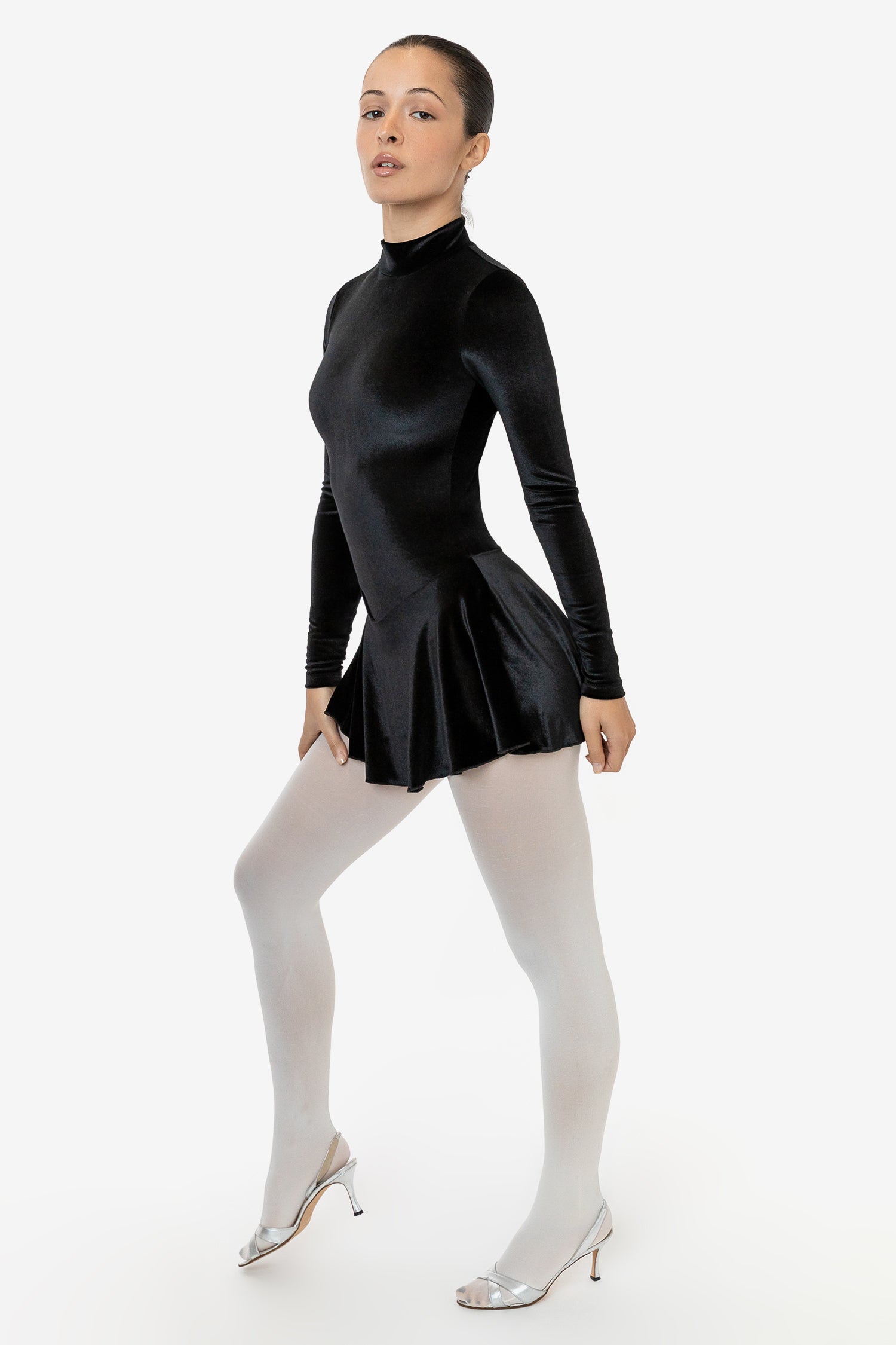 VVT410 - Velvet Long Sleeve Mockneck Skirted Leotard, Black / M VVT410 - Velvet Long Sleeve Mockneck Skirted Leotard, Black / M