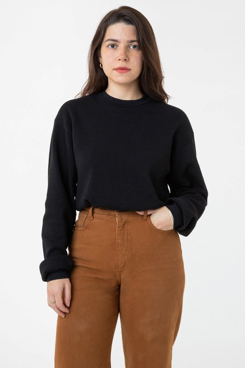 Woman wearing the black Los Angeles Apparel Heavy Thermal Crew Neck