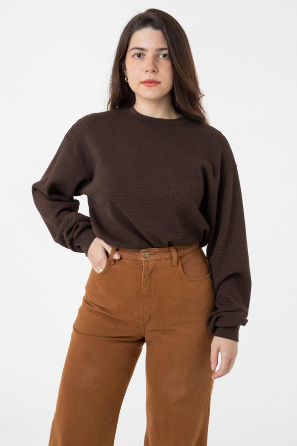 Woman wearing the Chocolate Los Angeles Apparel Heavy Thermal Crew Neck