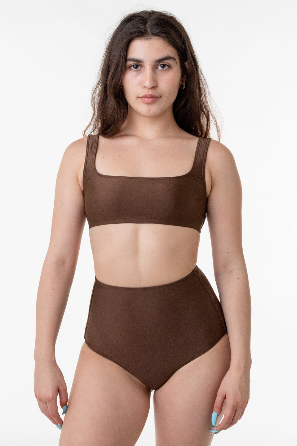 Square Neck Bikini Top in Chocolate with matching high-waist bottom