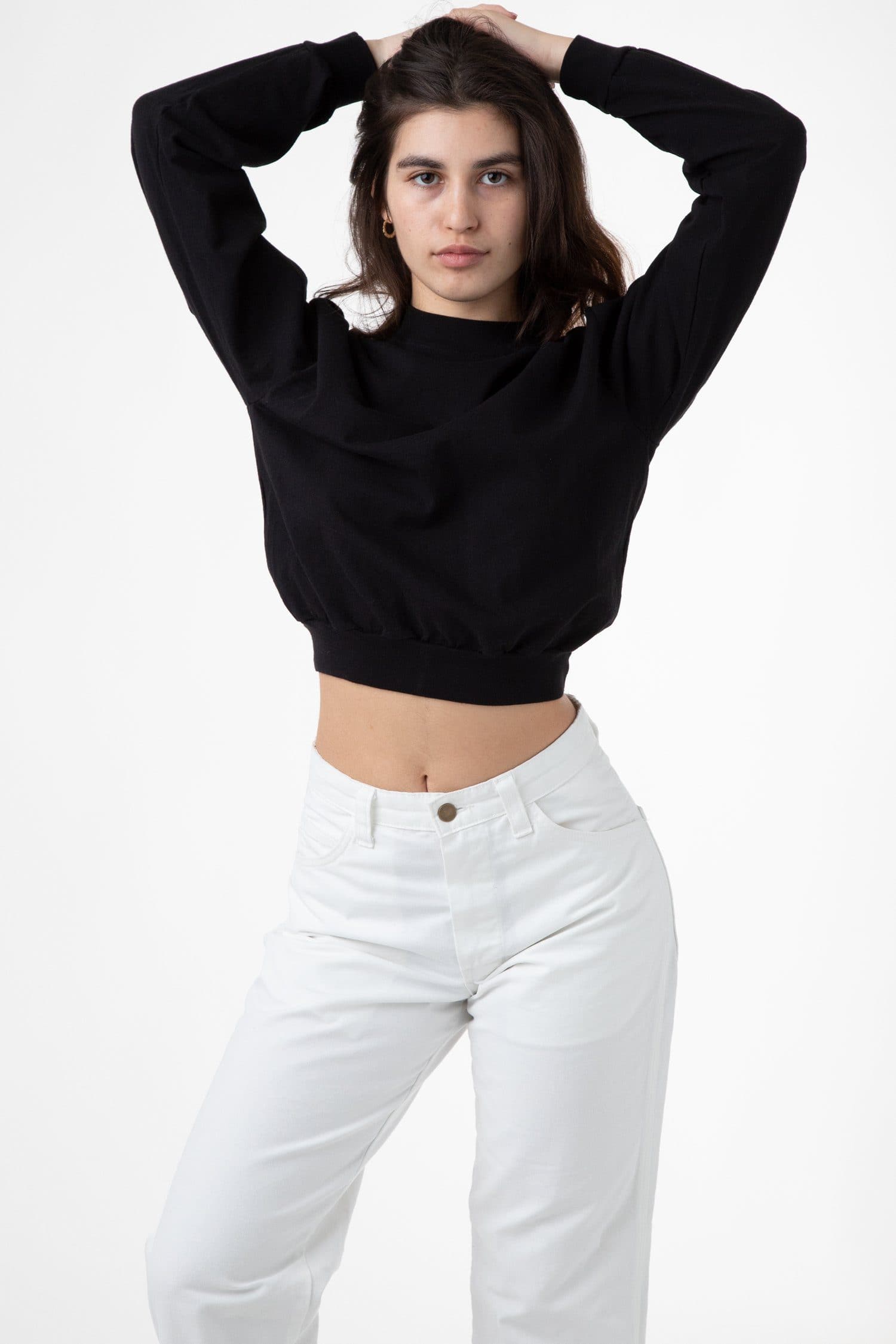 Los Angeles Apparel | Long Sleeve Garment Dye Cropped Mockneck for Women in White, Size Small
