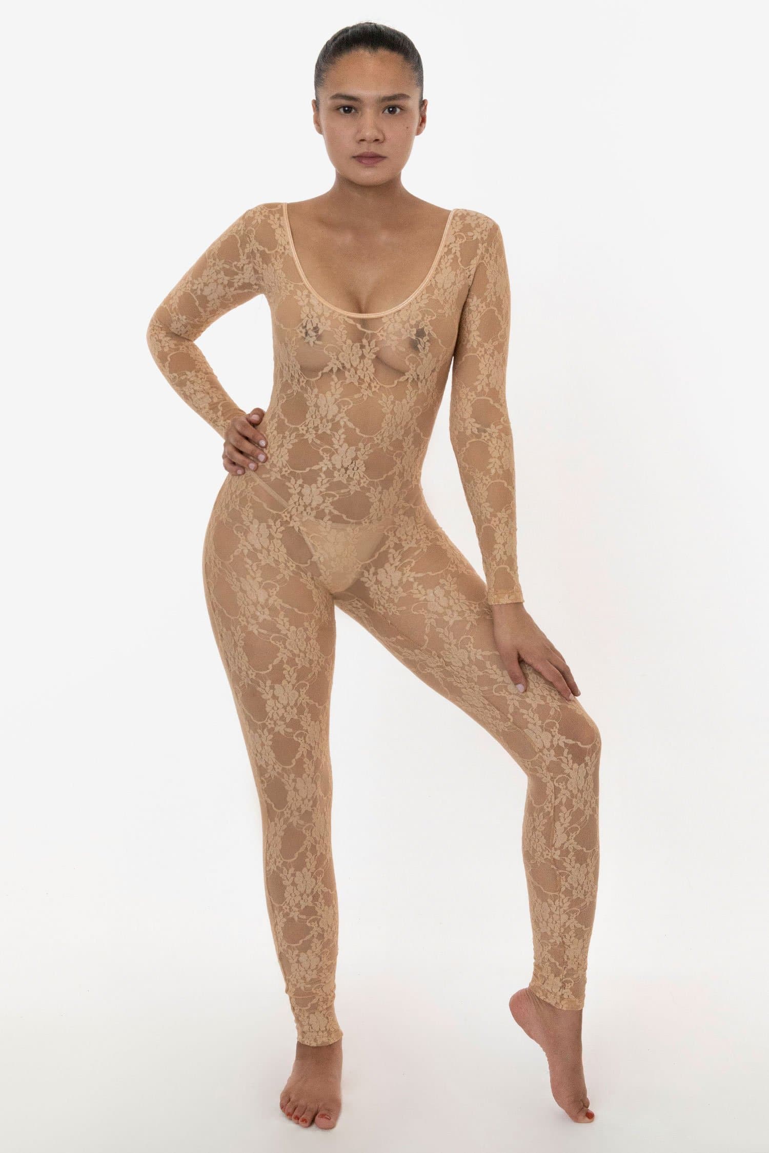 FNS028 - Floral Lace Long Sleeve Scoop Unitard