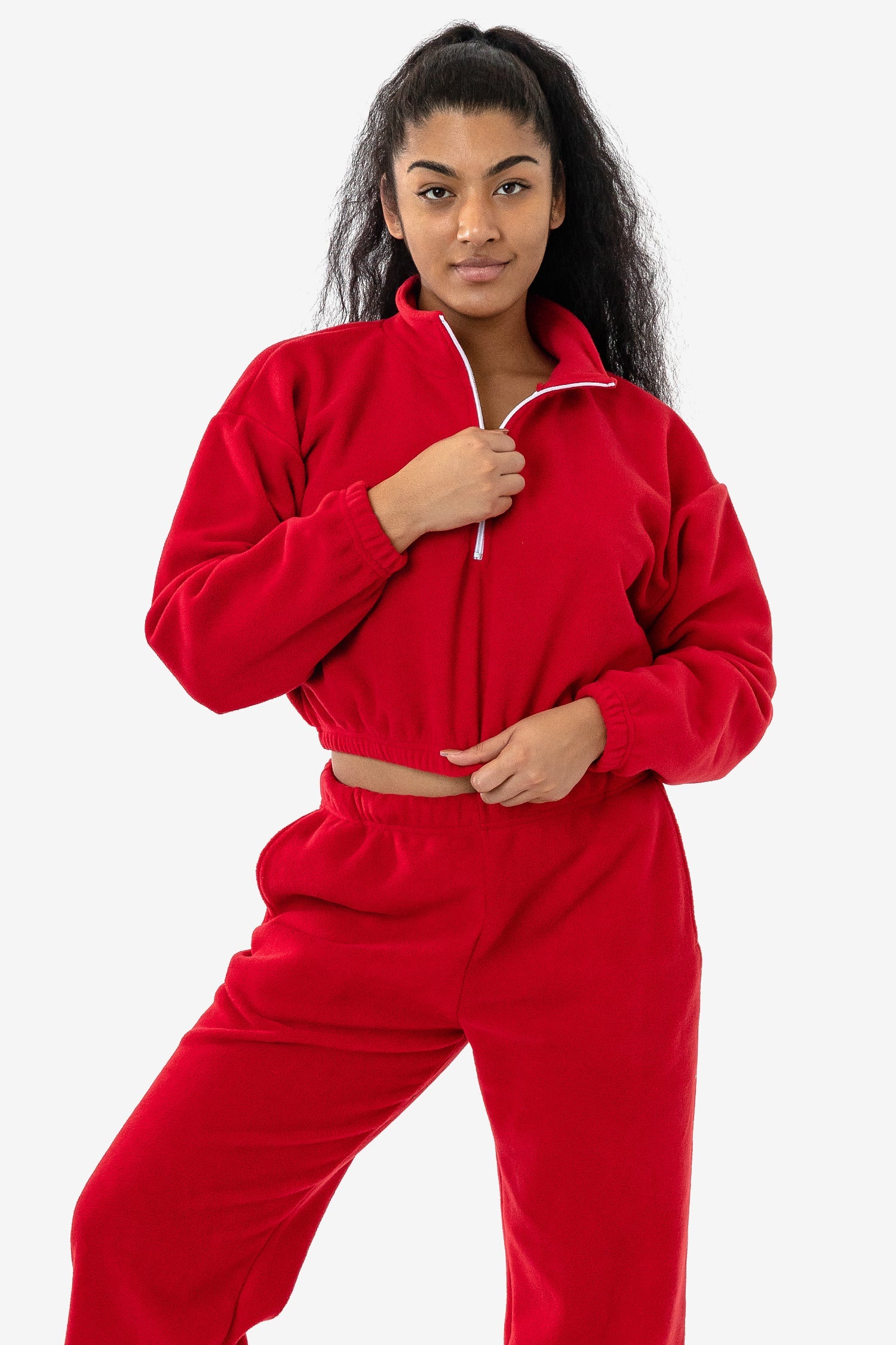 Women's Casual Athleisure Matching Sweatsuit Polar Fleece Quarter Zip  Thermal Lined Pullover Sweatshirt And Beam Feet Pants Set In DEEP RED