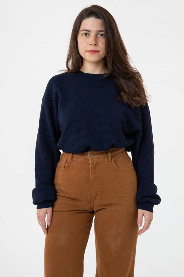 Woman wearing the Navy garment-dyed Los Angeles Apparel Heavy Thermal Crew Neck