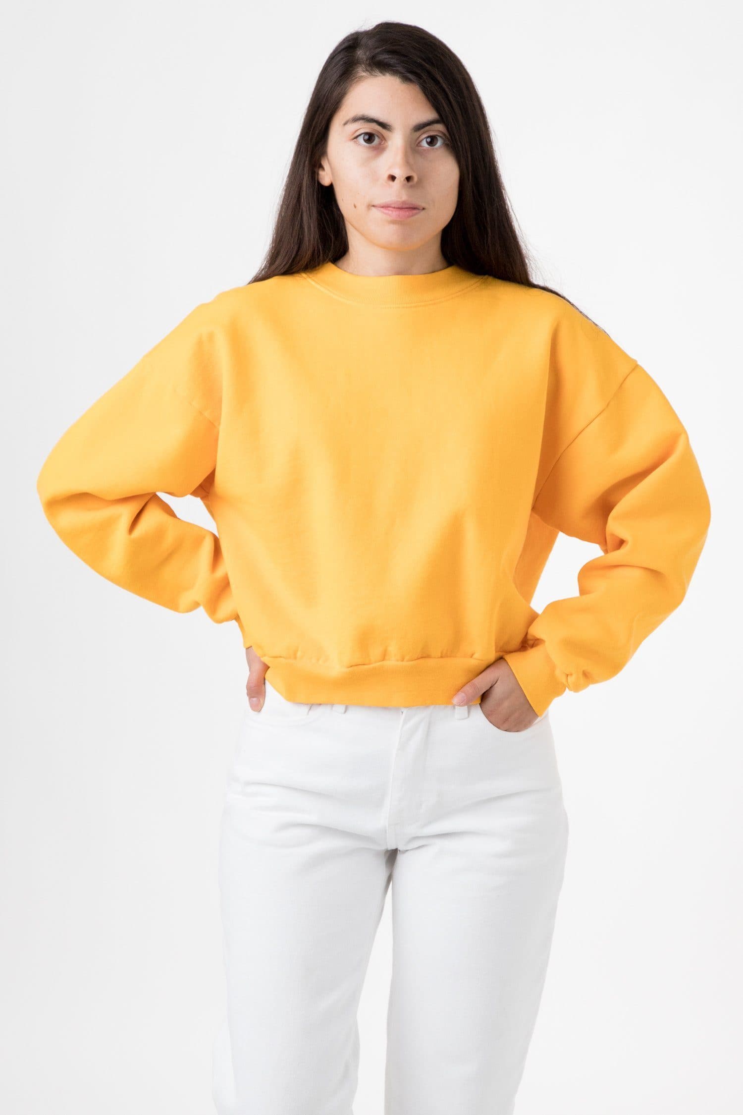 Los Angeles Apparel | Garment Dye Heavy Fleece Cropped Mock Neck Pullover for Women in Gold, Size XL