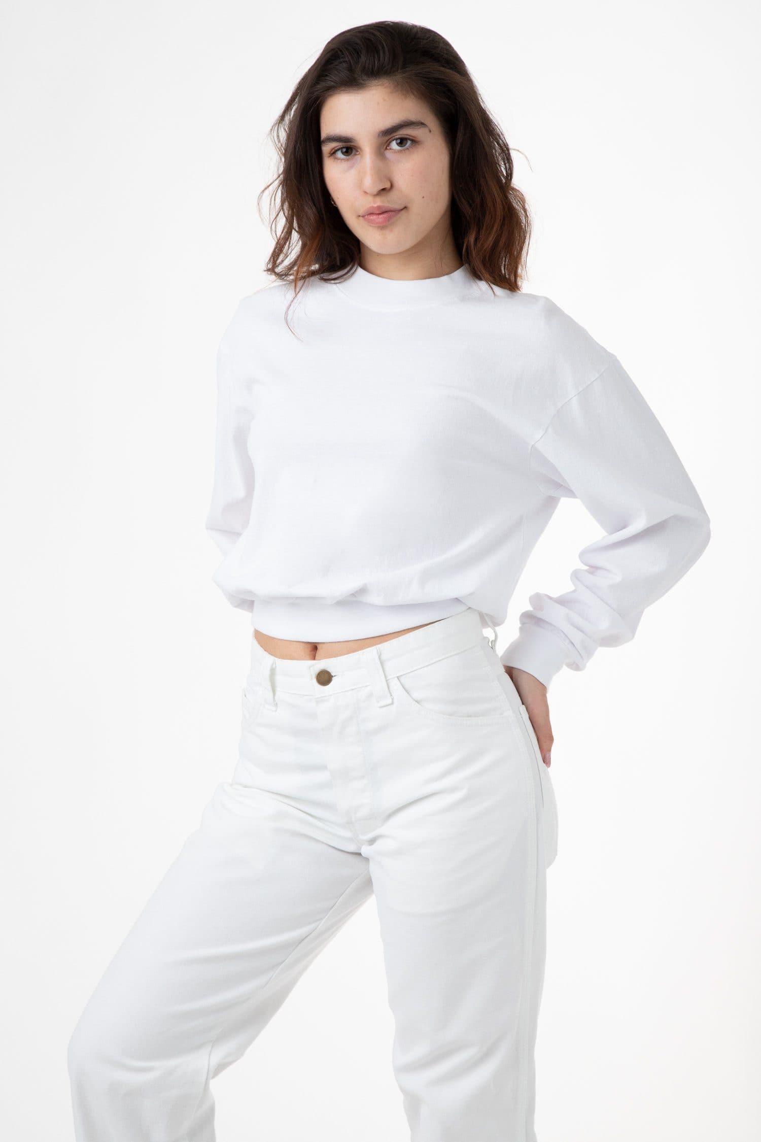Los Angeles Apparel | Long Sleeve Garment Dye Cropped Mockneck for Women in White, Size Small