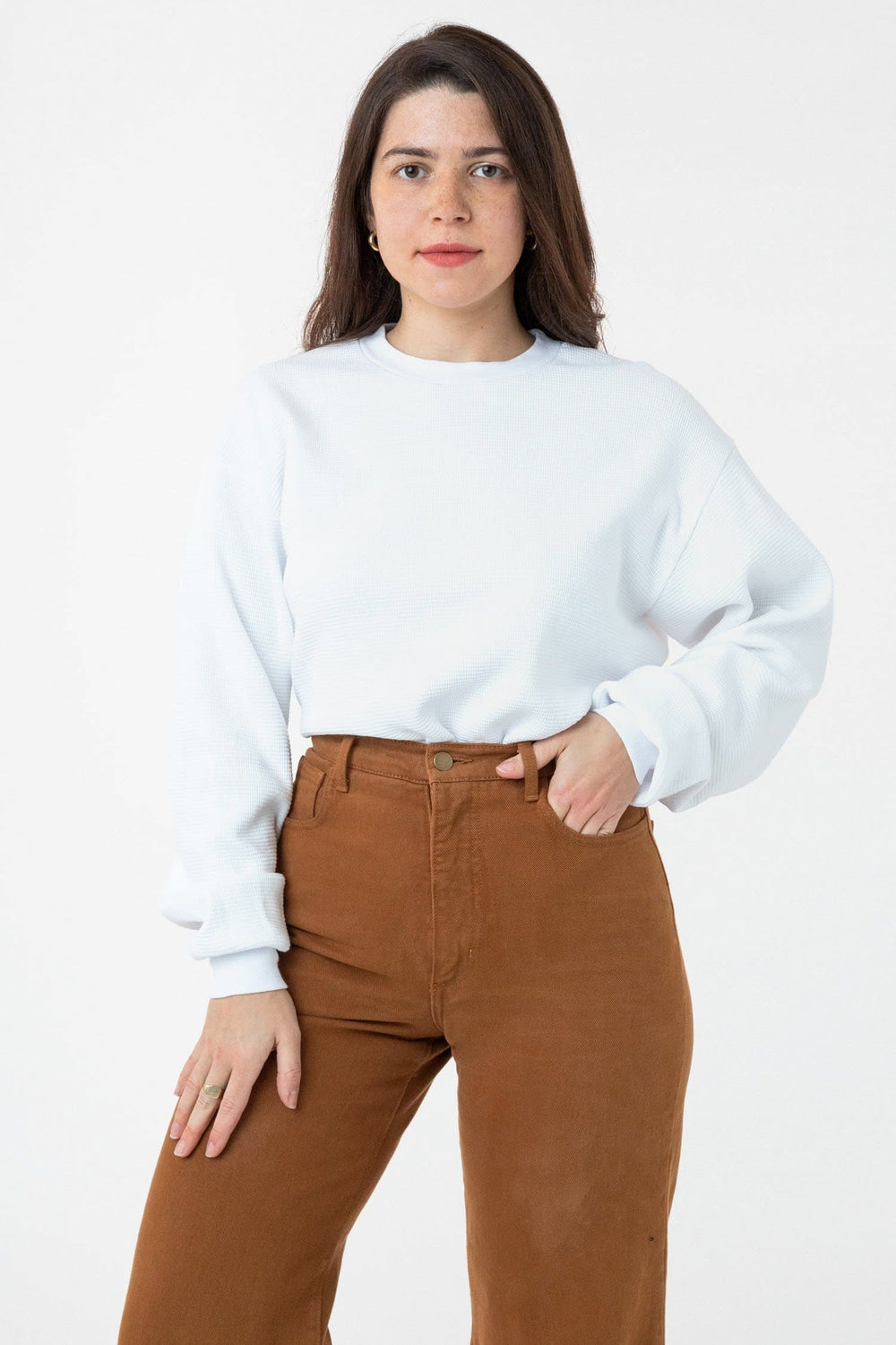 Woman wearing the white Heavy Thermal Crew Neck as a visible standalone top
